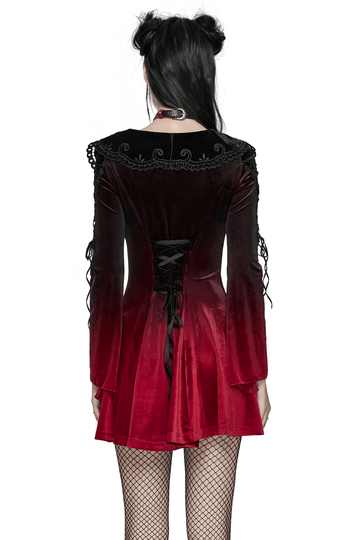 Elegant gradient velvet dress with lace accents, flared sleeves, and heart-shaped cut-out collar, showcasing a gothic style.